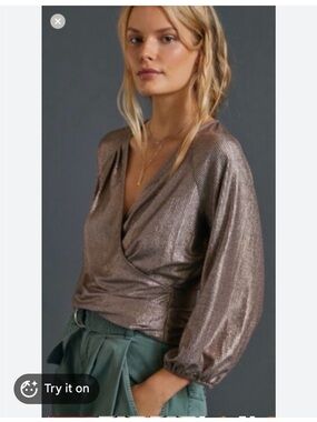 Anthropologie Bronze Metallic Faux-Wrap Blouse XL